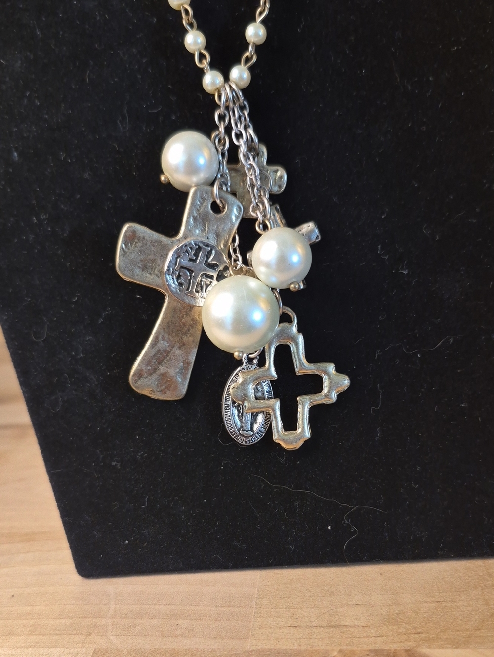 Silver Cross & Faux Pearl Charm Necklace